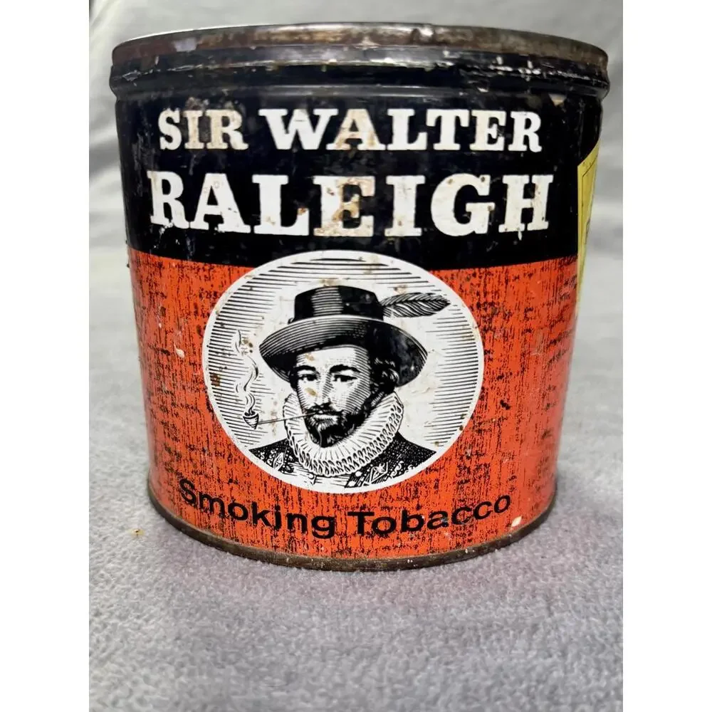 vintage sir walter raleigh tobacco tin orange black pipe can mid‎ century decor